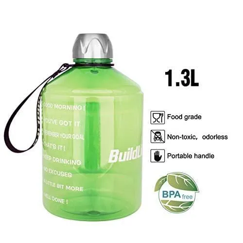 BuildLife 43OZ(1.3L) Water Bottle Motivational Fitness Workout with Time Marker |Drink More Water Daily | Clear BPA-Free |Water Throughout The Day for Child (1.3L-Green, 1.3L)